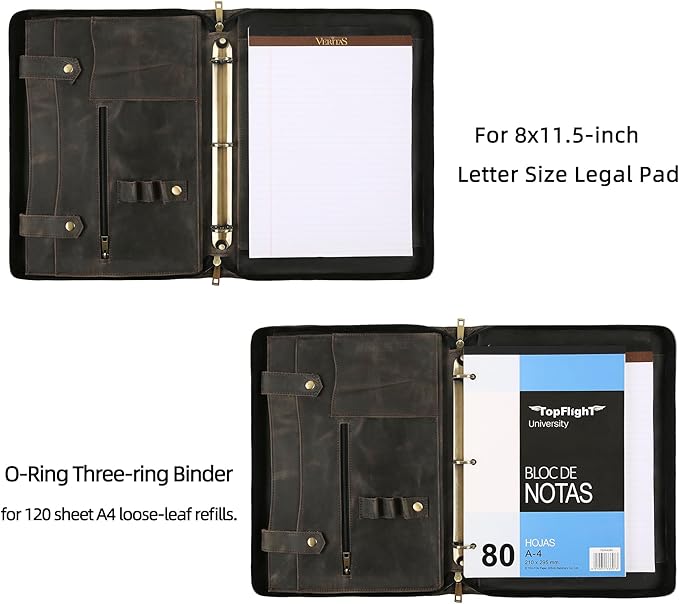 Portfolio Binder 3 Ring, Leather Binder Portfolio Folder for Left-Handed, Zippered Portfolio Padfolio Binder for Women, Leather Portfolio Organizer for Men (Grey, Non-Custom)