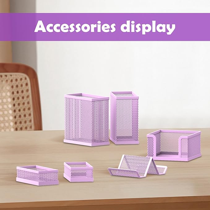 SUPEASY Pen Holder for Desk, 6 Piece Mesh Desk Organizer set, Desk Accessories for Office Organization with Mail Organizer, Letter Phone Holder, Sticky Notes Caddy Storage, Purple