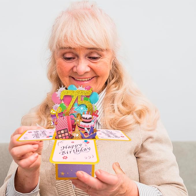 Asmallgf Sweet 75th Birthday Pop Up Card for Women Men, Surprise 75 Years Old Gift for Grandma Grandpa, Humorous 75 Bday 3D Greeting Card for Husband Wife, Best 75 Birthday Gift Idea for Mom Dad