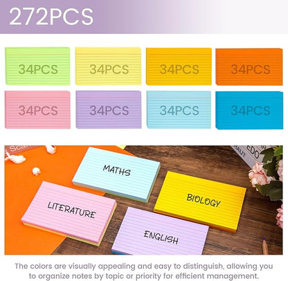 Koogel Index Cards 3 x 5 Inch, 272 Count, Ruled on both Sides, 8 Assorted Colors, Note Cards for Studying School Supplies College Office