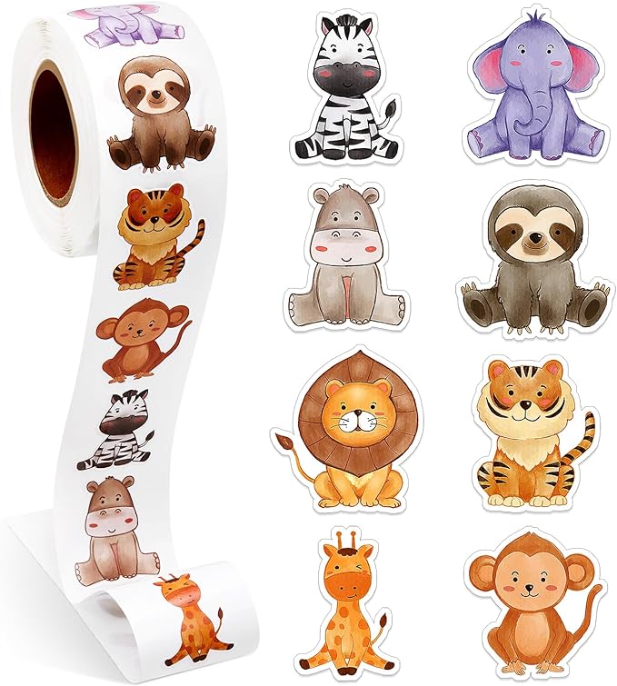 1 Roll Animal Stickers Reward Cute Space Stickers Office Supplies Incentives Sticker Animal Party Favor Decal, 500 Pcs Each Roll(Jungle Animal)