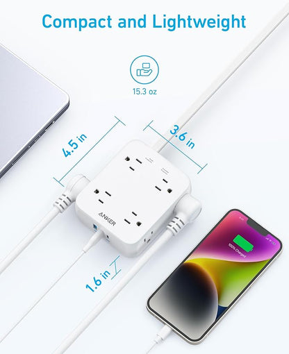 Anker Surge Protector Flat Plug Power Strip 2000J, 5ft Thin Extension Cord with 8 Outlets, 2 USB A and 1 USB C Port, 20W for iPhone15, Wall Mount, Compact for Home, Office, Room, TUV Listed