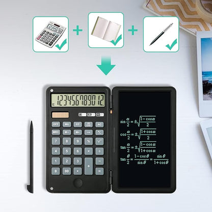 Calculator, 12-Digit Large Display Office Desk Calcultors with Erasable Writing Table, Solar and Battery Dual Power Pocket Desktop Calculator for Basic Financial Home School, Black