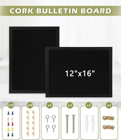 2-Pack Double-sided Black Cork Board with Linen, 16" x 12" Hanging Wood Framed Small Bulletin Board, Picture Display Vision Board Kit Corkboards for Wall Room School Office Decor, 20 Pushpins