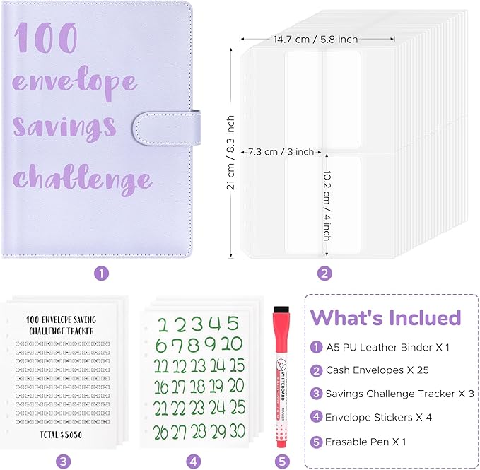 100 Envelopes Challenge Binder, A5 Money Saving Budget Binder with Upgraded Cash Envelopes & Pen, Budget Savings Challenge Book to Save $5,050, 3 Reusable Laminated Saving Challenge Tracker Included