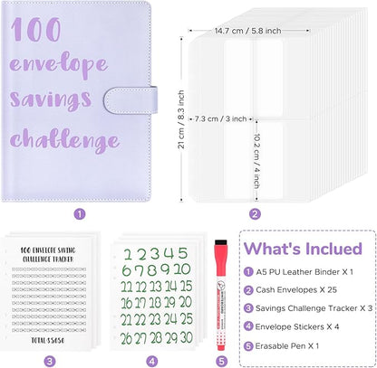 100 Envelopes Challenge Binder, A5 Money Saving Budget Binder with Upgraded Cash Envelopes & Pen, Budget Savings Challenge Book to Save $5,050, 3 Reusable Laminated Saving Challenge Tracker Included