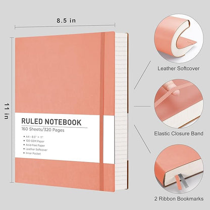 RETTACY Journaling Notebooks, A4 Lined Notebook Journal with 320 Pages, 8.5" × 11", Large Size, Notebook Journal for Work, School, Writing, Leather Softcover, 100 GSM Thick Paper (Pink)
