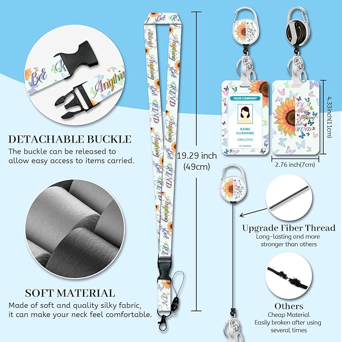 Lanyards for Id Badges, Positive Inspiration Badge Holder with Retractable Reel Clip, Sunflower Be Kind Work Name Tags Keychain Lanyard ID Card Protector for Women Teacher Nurse Office