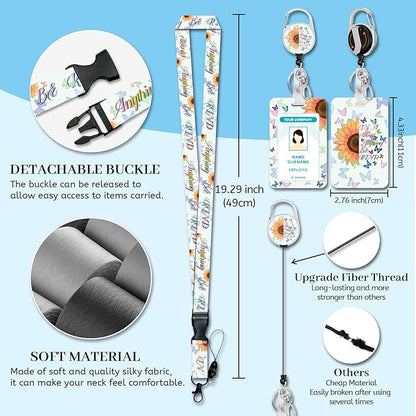 Lanyards for Id Badges, Positive Inspiration Badge Holder with Retractable Reel Clip, Sunflower Be Kind Work Name Tags Keychain Lanyard ID Card Protector for Women Teacher Nurse Office