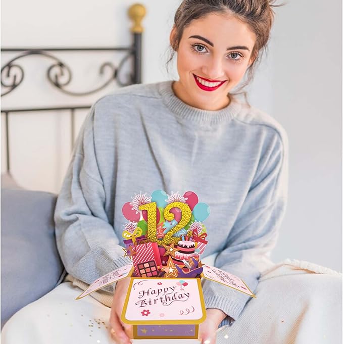 Asmallgf Sweet 12th Birthday Pop Up Birthday Card for Girl Boy, Great 12 Years Old Birthday Gift for Daughter Niece, Happy Twelve Bday Popup Card for Sister Brother, Unique 12 Birthday Gift Idea for