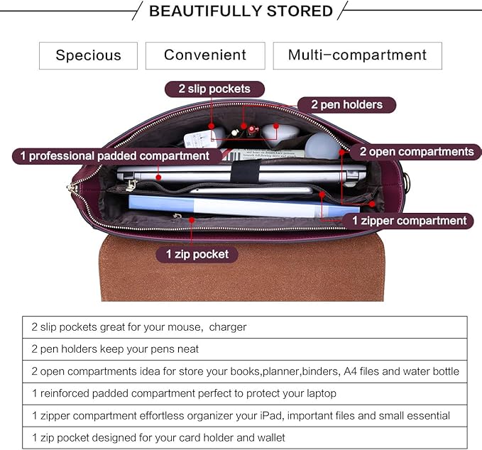 EaseGave Laptop Bag for Women, 15.6 Inch Burgundy Briefcase with Detachable Strap, Roomy Laptop Tote with Size Guide, Professional Messenger Bag