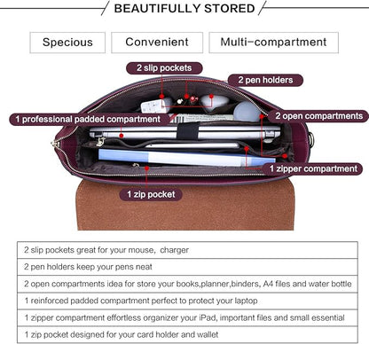 EaseGave Laptop Bag for Women, 15.6 Inch Burgundy Briefcase with Detachable Strap, Roomy Laptop Tote with Size Guide, Professional Messenger Bag