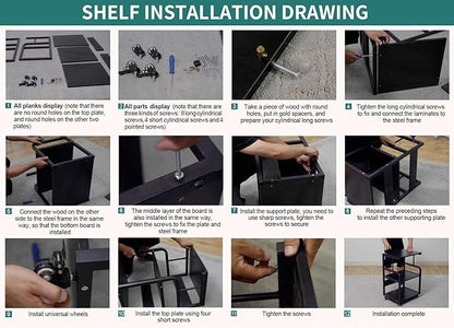 Large Printer Stand with 3-Tier Wood Storage Shelves -Multi-Purpose Desk Organizer- for Printer Scanner Fax Home Office Use with Wheels (Black)