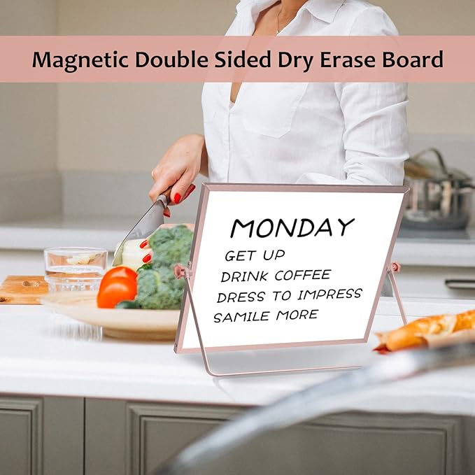 16 x 12 inches Dry Erase Whiteboard, Rose Gold Magnetic Desktop Double-Sided White Board with Stand, 10 Markers, 1 Eraser, 4 Magnets, Portable Whiteboard Easel for School Office Home