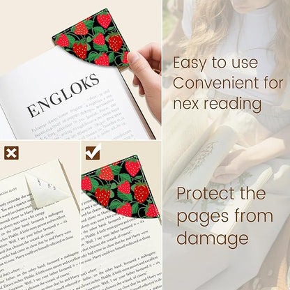 Strawberry Corner Bookmarks, Cute Leather Book Accessories for Book Lovers, 3 Pcs Reading Book Page Markers for Women Men Student Teacher Girls Boys Kids Retirement Birthday Gifts