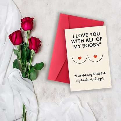 Cute Boobs Valentine's Day Gifts for Husband, Cheeky Anniversary Card Gift for Boyfriend, Hilarious Vday Birthday Card for Him Fiance, Love You With All of My Boobs