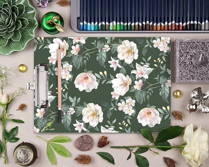WAVEYU Cute Hardboard Office Clipboard, Clipboard with Low Profile Clip Designed for Students Classroom School and Office Use, Green Flower(12.5"x9")