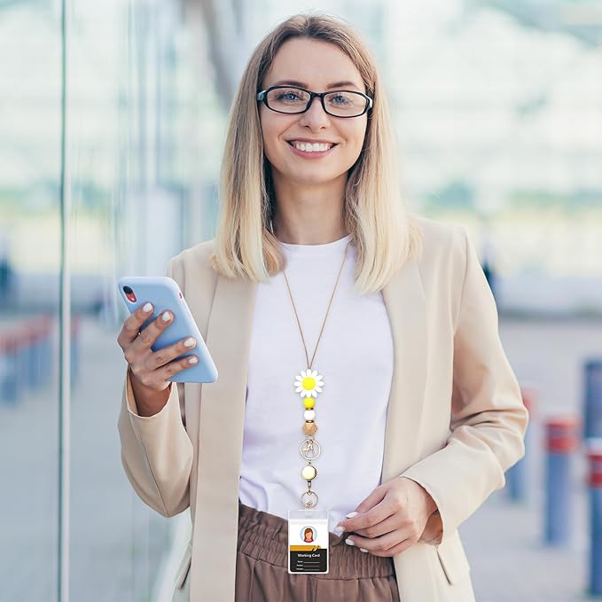 Colorful ID Badge Holder with Silicone Beads Lanyard Set,Cute Teacher Breakaway Lanyard for Keys & Keychain with Cute Retractable Badge Reel Holder,Gift for Women,Nurse, Teacher. (Z)