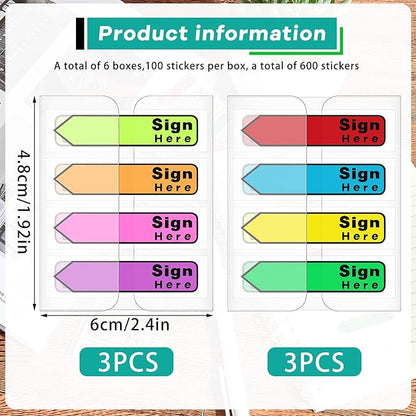 Tatuo 600 Pcs Sign Here Tabs Colored flag Stickers 8 Colors with Dispenser Arrow Flag Easy to Post for Notary Books Paper (Sign Here Style)