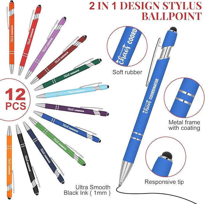 Colarr 12 Pcs Employee Appreciation Pen Ballpoint with Stylus Tip Pen 1.0 mm Black Ink Multicolor Smooth Motivational 2 in 1 Ballpoint Supplies for Coworker Thank You Gift (Chaos Coordinator)
