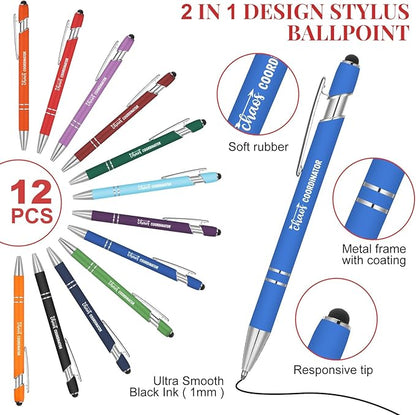 Colarr 12 Pcs Employee Appreciation Pen Ballpoint with Stylus Tip Pen 1.0 mm Black Ink Multicolor Smooth Motivational 2 in 1 Ballpoint Supplies for Coworker Thank You Gift (Chaos Coordinator)