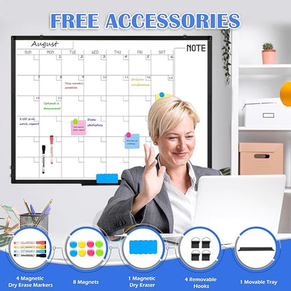 WALGLASS Dry Erase Calendar Whiteboard, 48" x 36" Monthly Large Dry Erase Calendar for Wall, Double-Sided Hanging Calendar White Board with Black Aluminum Frame for Home, School, Office, Kitchen