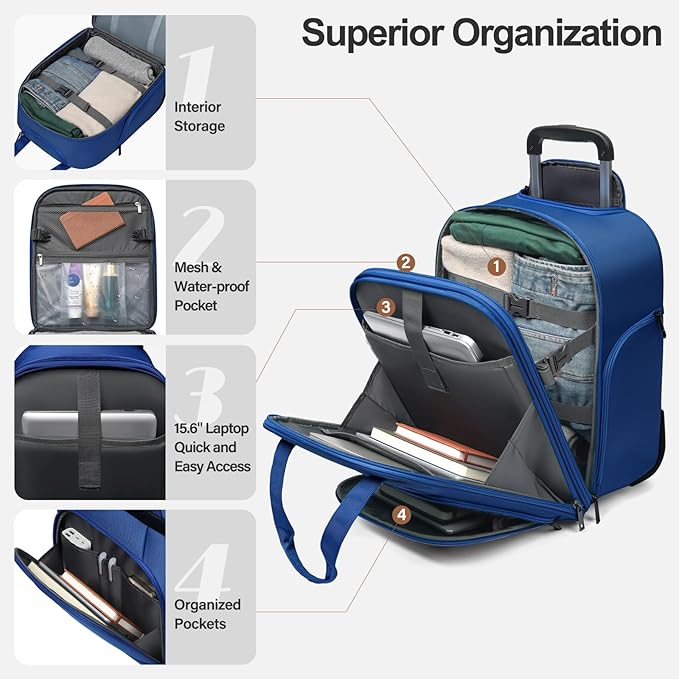 Weekender Overnight 16-Inch Underseat Carry-on Luggage With Wheels Soft Sided Lightweight Small mini Suitcase Bag for Women and Men,Blue