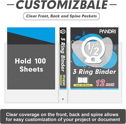 3 Ring Binder 0.5 Inch, PANDRI 12 Pack 0.5-Inch Binder Fits Letter Size 8.5'' x 11'' Paper, Versatile Binders for Office Home School, 2 Pockets, White