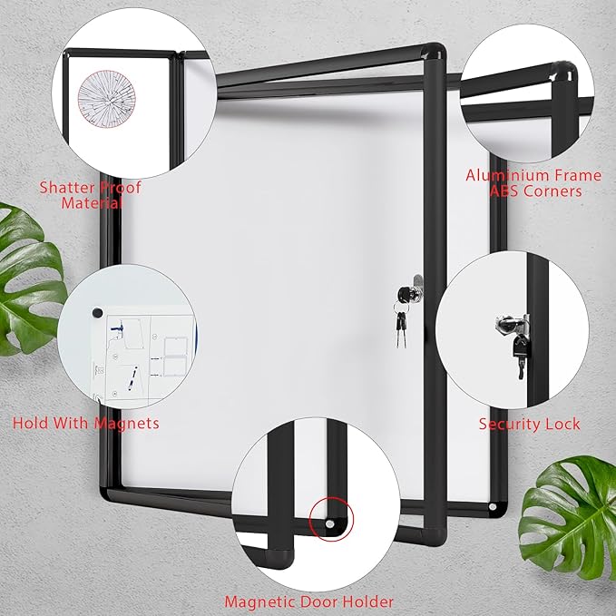 SWANCROWN Lockable Bulletin Boards Black Frame Enclosed Display Case,with Magnets,for School Message Notice 28x26inch(6XA4)
