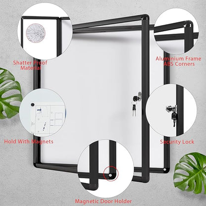 SWANCROWN Lockable Bulletin Boards Black Frame Enclosed Display Case,with Magnets,for School Message Notice 28x26inch(6XA4)