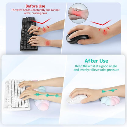 Cloud Wrist Rest Keyboard, Cloud Palm Rest Set with PU Leather Memory Foam, Cute Keyboard Rest for Wrist Support and Arm Rest, Desk Cloud Wrist Pad for PC/Gaming/Hand Cushion/Computer-Rainbow