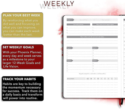 The Phoenix Planner - Best Daily Calendar and Agenda for Goal Setting, Boost Happiness and Productivity - Gratitude Journal, Habit Tracker, Quarterly Business Planner - 6 Months, Undated (Crimson)