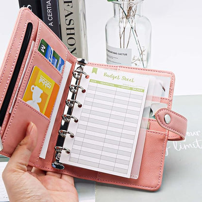 Mogoostry A7 Binder Cover Savings Binder Wallet Leather Binder Folder 6-Ring Refillable Notebook Binder Planner Cover Hardcover Budget Binder Organizer (Pink)