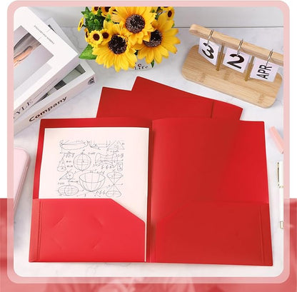 Gueevin 50 Pcs Plastic Folders with Pockets, Two Pocket Folder Fit Letter Size, Heavy Duty School Business Card Holder for Home Office School Bussiness, 11.61 x 9.45 Inches (Red)