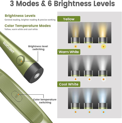 Glocusent Book Light, 3-Color & 6-Brightness Reading Light, Bendable Neck Light, 80-hr Lasting Rechargeable Lamp, Perfect Book Light for Reading in Bed, Knitting, Camping, Repairs(Green)