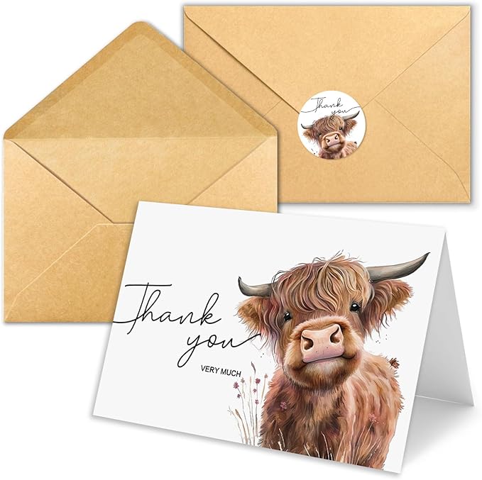 50 Pack Highland Cow Thank You Cards with Envelopes, 4x6 In Farm Design Greeting Cards Sympathy Cards Bulk for Wedding, Baby & Bridal Shower- with Stickers