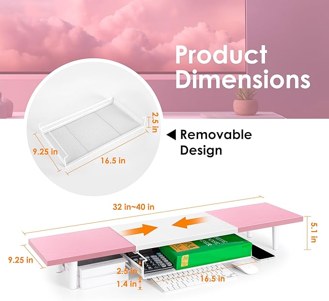 Dual-Computer-Monitor-Stand-Riser For Desk, Expandable Desk Shelf With Drawer For 2 Monitors, Desk Accessories & Workspace Organizers,TV Riser, Desktop Double Laptop Riser With Storage