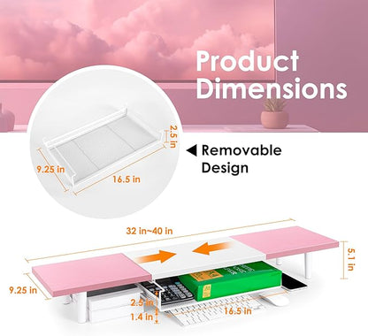 Dual-Computer-Monitor-Stand-Riser For Desk, Expandable Desk Shelf With Drawer For 2 Monitors, Desk Accessories & Workspace Organizers,TV Riser, Desktop Double Laptop Riser With Storage