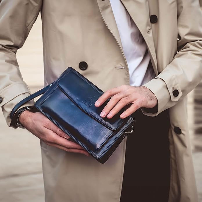 Time Resistance Leather Clutch for Men Organizer Wrist Bag Briefcase Handmade in Italy Gift Box Included