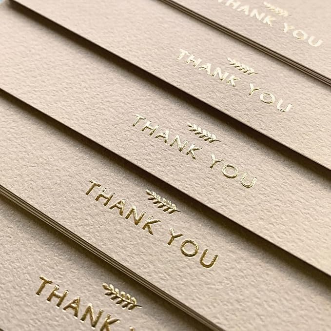 RUN2PRINT (36 Pack) Thank You Cards With Envelopes & Gift of 36 Foiled Stickers - Elegant Emboss Rose Gold Foil Pressed Blank Notes Wedding All Occasion Cards (Beige)