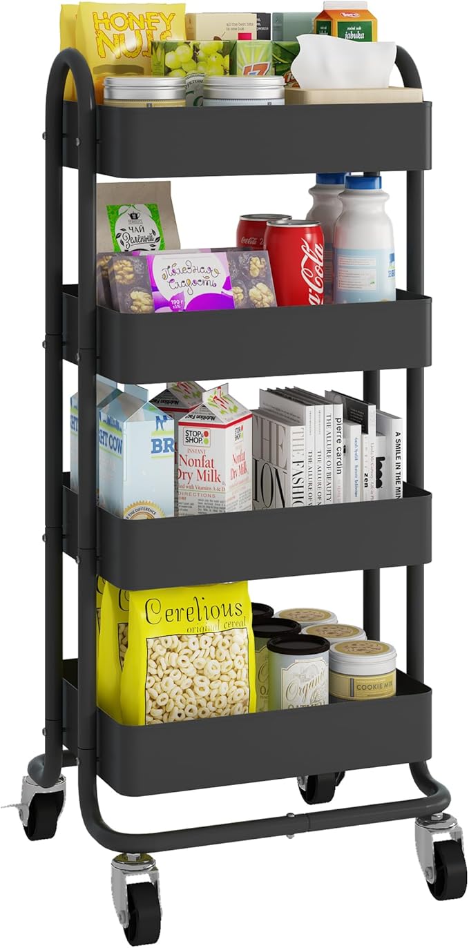 4-Tier Black Rolling Cart,Metal Rolling Utility Cart with Handle,Multifunction Rolling Carts with Wheels,Kitchen Storage Carts Suitable for Office,Home,Kitchen,Garden（13.4"x18.1"x40"） Black