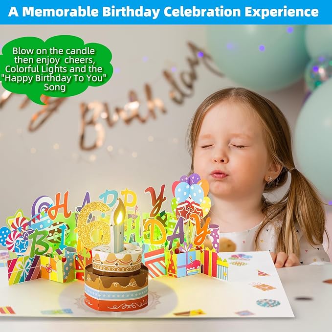 Gumry 6TH Musical Birthday PopUp Card, Blowable Colorful Light Candle 3D Cards with Song, Applause Cheers Sound, Greeting Cards Birthday Gifts Decorations for Daughter Son Turning 6 Years Old