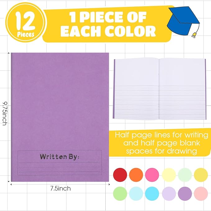 Henoyso 12 Pcs Primary Composition Notebook K-2 9 3/4 x 7 1/2 Inch Primary Journal Blank Writing Book for Kid to Write Draw and Journal 60 Page Notebook Back to School Supplies (Multicolored)