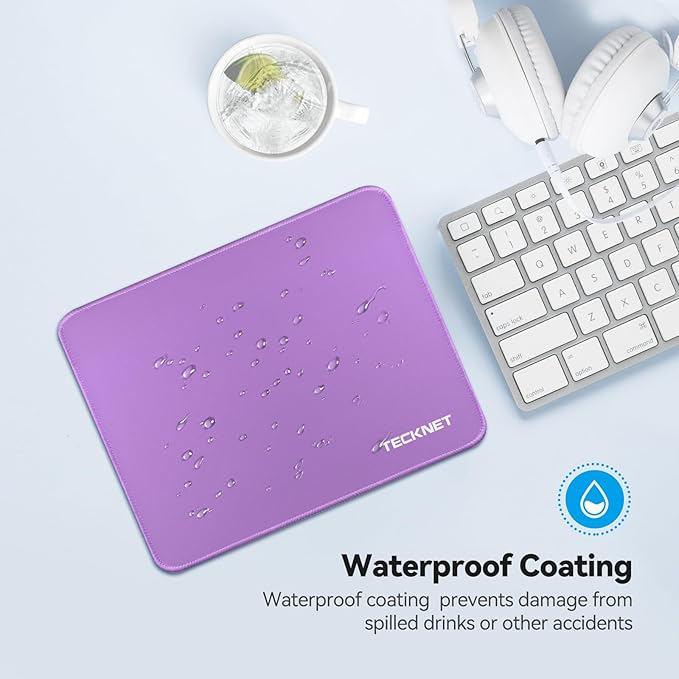 TECKNET Mouse Pad with Anti-fray Stitchin, Waterproof Surface & Non-Slip Rubber Base with Stitched Edges Gaming Mouse Mat for Laptop，Compatible with Laser and Optical Mice - Purple