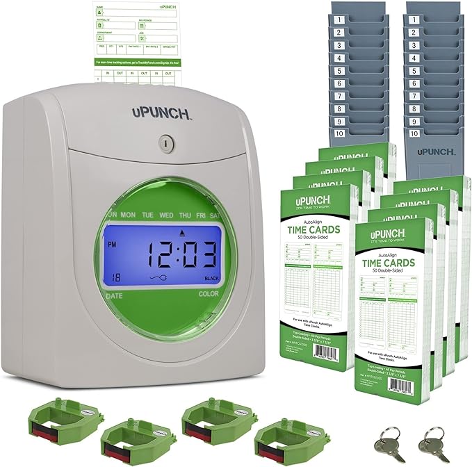 uPunch HN3540 Complete Small Business Start-Up Kit: AutoAlign Time Clock System with 400 Time Cards, 4 Ribbons & 2 Racks