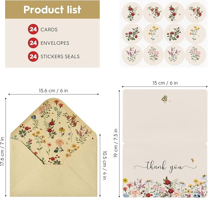 Artoid Mode 24 Pack Wildflower Thank You Cards Vintage Flower Greeting Cards Gift With Envelope Sticker Blank Note Cards for Birthday Wedding Baby Shower Bridal Shower, 4 x 6 Inch