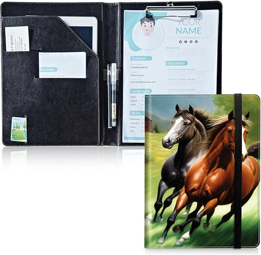 Padfolio Folder with Clipboard,Portfolios Organizer Clipboards with Storage Clipboard Writing Pad PU Leather Conference Document Organizer with Business Card Holder,Running Horse