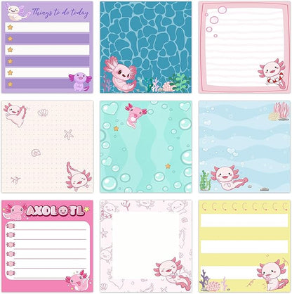 9 Pads Cute Sticky Notes Cartoon Animal Self Stick Notepads 3x3 Inches Notes Adhesive Memo Pad Office Decor Gifts for Students School Office Meeting(Axolotl)