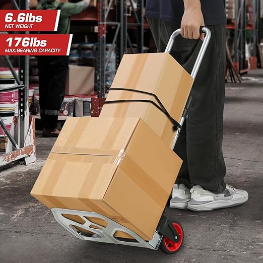 DNA MOTORING Folding Hand Truck, 176lbs Capacity Foldable Dolly Cart for Moving Heavy Loads, Collapsible Hand Truck, w/Telescopic Handle, Bungee Cord, Red, TOOLS-00744