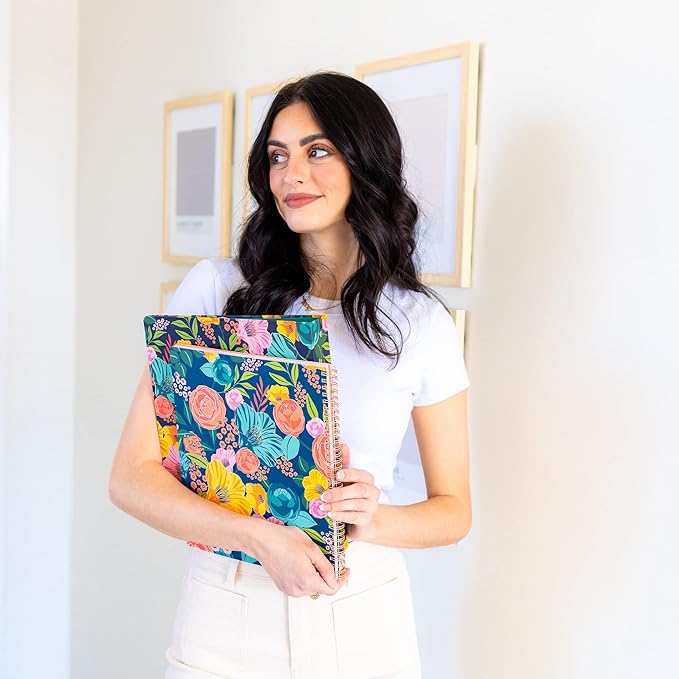 Steel Mill & Co Cute Large Spiral Notebook College Ruled, 11" x 9.5" with Durable Hardcover and 160 Lined Pages, Garden Blooms (Navy)